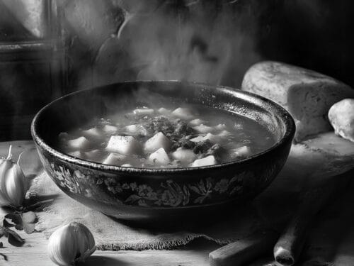 Steaming bowl of soup with potatoes and dark leafy greens, surrounded by garlic and root vegetables