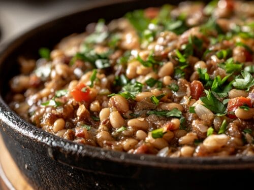Cast iron skillet filled with cooked peas and rice, garnished with fresh parsley and red pepper