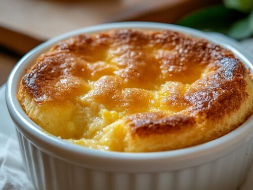 Baked cornmeal custard in white ramekin with golden-brown top and creamy center