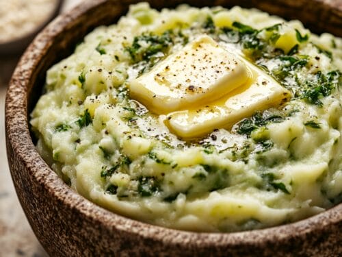 Creamy mashed potato dish with chopped greens, butter pat, and black pepper in rustic wooden bowl