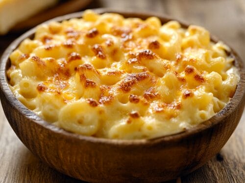 Baked elbow pasta and cheese in wooden bowl with golden-brown top