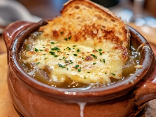 Earthenware bowl with melted cheese and toasted bread, garnished with chives