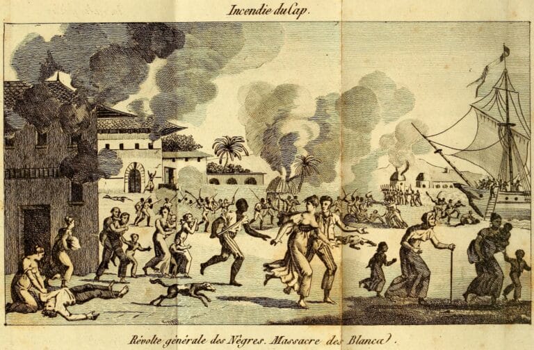 Engraving depicting a coastal scene with fort, palm trees, ship, and numerous figures in a landscape