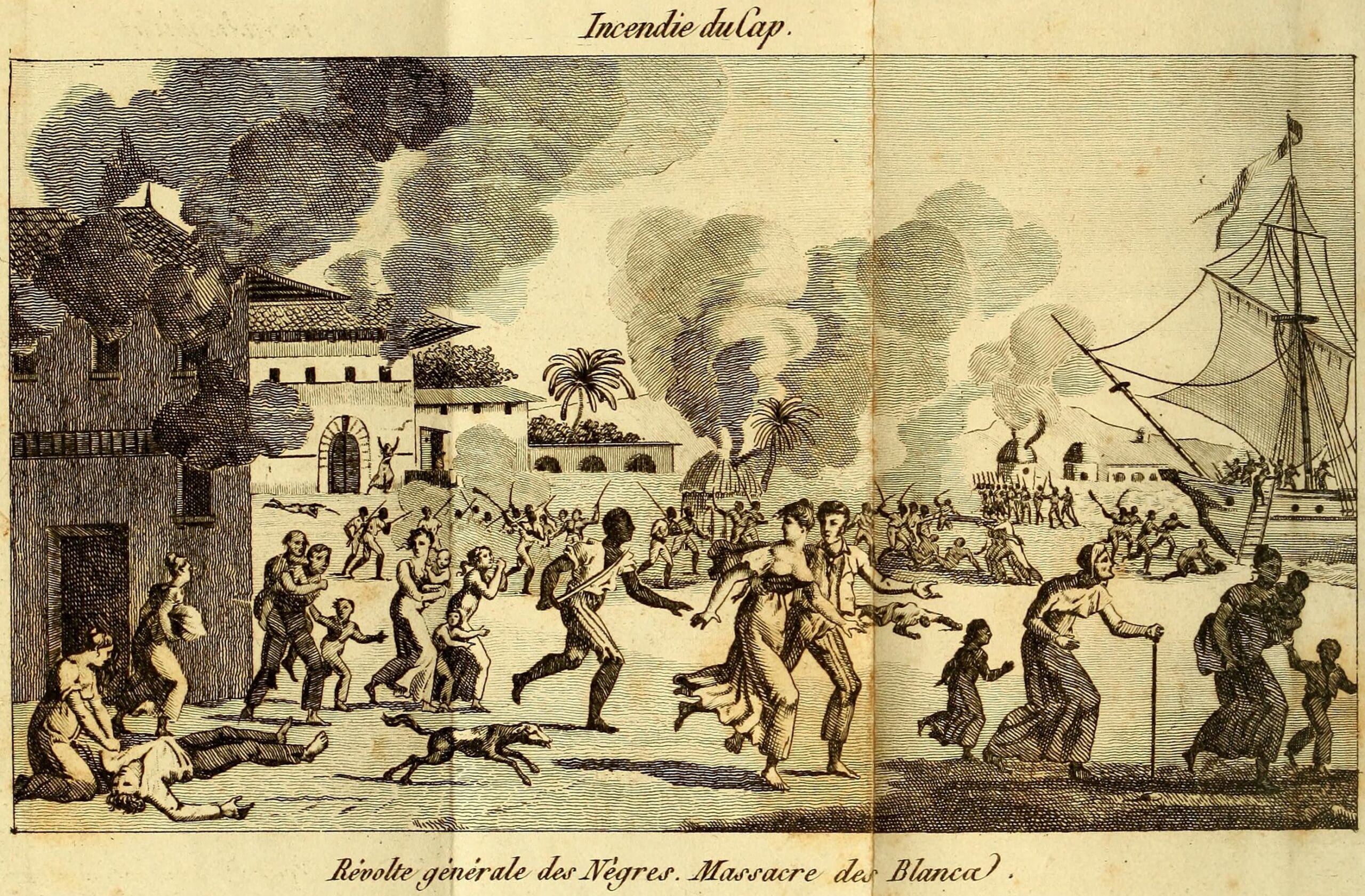 Engraving depicting a coastal scene with fort, palm trees, ship, and numerous figures in a landscape