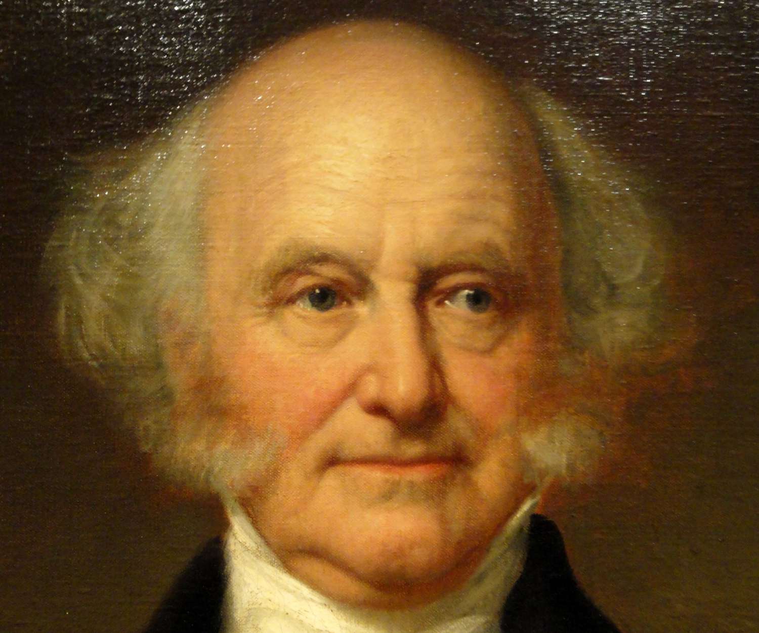 Portrait painting of an older man with gray hair and white collar against dark background