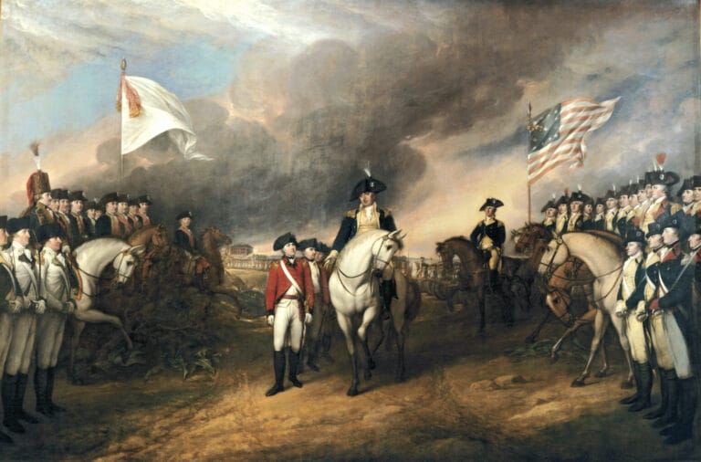 Painting of military officers on horseback facing each other across an open field, with flags and assembled troops