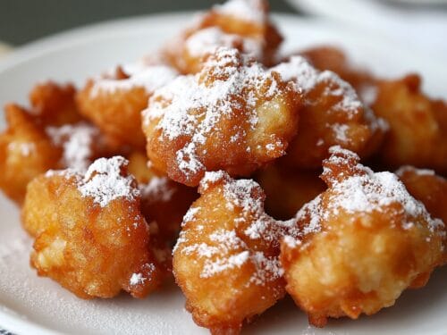 Golden fried pastries dusted with powdered sugar arranged on white plate