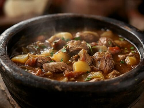 Stew with meat chunks and diced potatoes in brown broth, garnished with green herbs