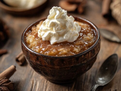 Brown ceramic bowl filled with tan pudding topped with whipped cream, wooden spoon beside it