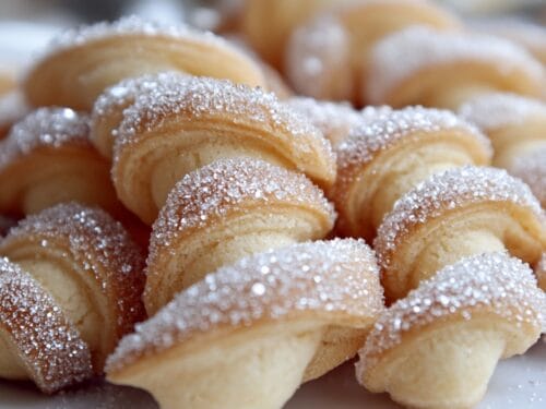 Pile of twisted golden pastries dusted with granulated sugar, in close-up detail