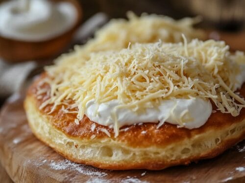 Puffy fried bread topped with shredded cheese and white cream on wooden surface