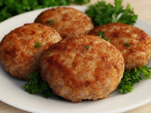 Four golden-brown fried patties on white plate with fresh parsley sprigs