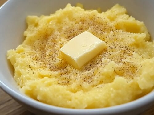 Yellow porridge in white bowl topped with butter pat and black pepper