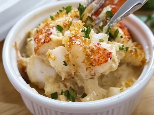 Spoonful of creamy lobster and mayo mixture with paprika, parsley, and black pepper