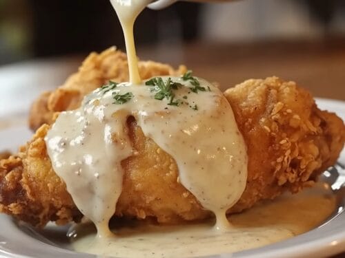 Fried chicken pieces topped with creamy gravy and fresh parsley, gravy pouring from a spoon