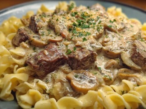 Cooked beef chunks and mushrooms in cream sauce over bow-tie pasta, garnished with parsley