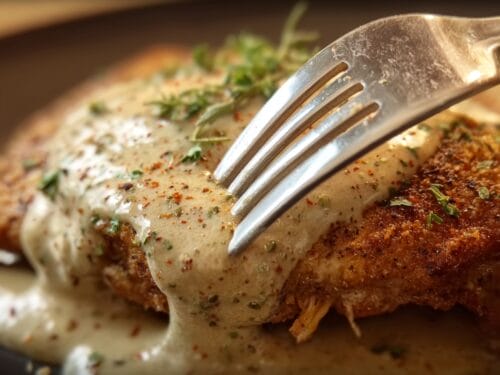 Fork resting on breaded cutlet topped with herbs and black pepper, with creamy sauce pooling nearby