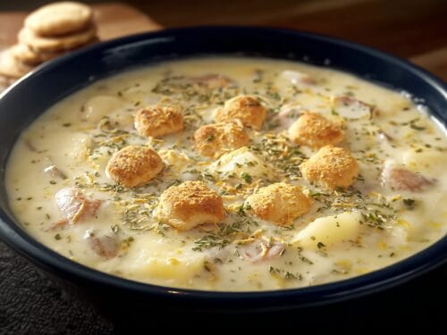Creamy soup in dark bowl topped with golden dumplings, herbs, and bacon pieces