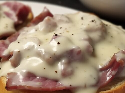 Close-up of toast with creamy sauce, diced red meat, and black pepper seasoning