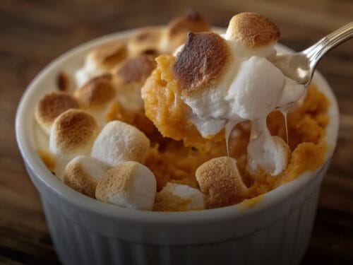 Spoonful of orange casserole base with toasted marshmallow and cinnamon topping in white dish