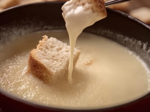 Bread cube on fork dripping with melted cheese into dark pot