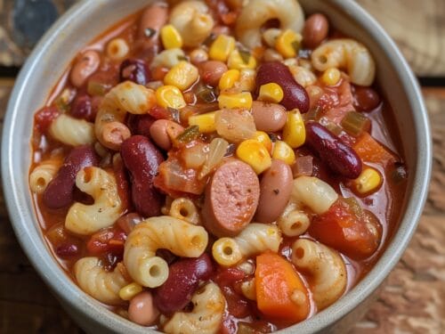 Bowl of soup with pasta rings, beans, corn, sausage, and tomato broth
