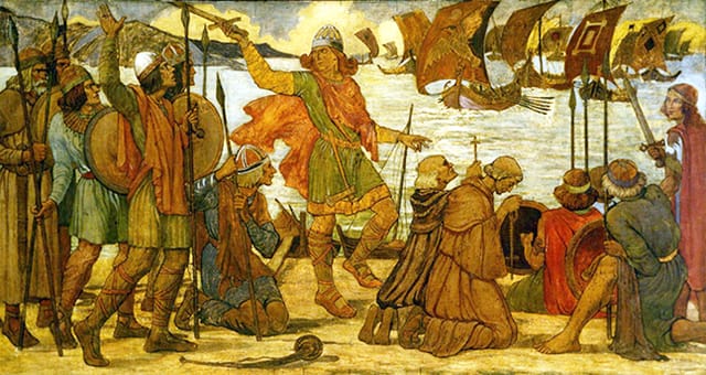 Manuscript drawing showing armored figures and kneeling people gathered near moored ships