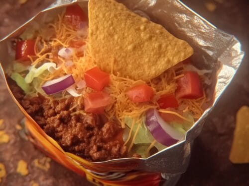 Crispy tortilla shell filled with seasoned ground meat, shredded cheese, diced tomato, lettuce, and onion inside snack bag
