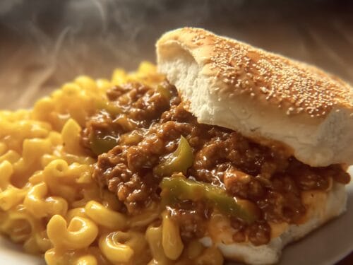 Sesame seed bun filled with ground meat sauce and onions, served beside elbow pasta