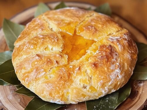 Golden-brown round cake with glossy amber honey visible in the center, on bay leaves