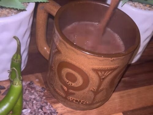 Dark brown beverage in carved earthenware vessel with frothy surface, surrounded by fresh chiles and cacao beans