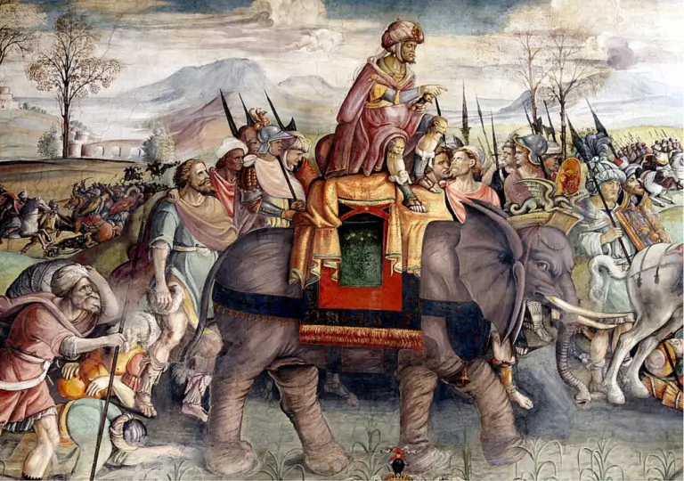 Watercolor painting of a military commander on an elephant addressing soldiers in a landscape with mountains and fortifications