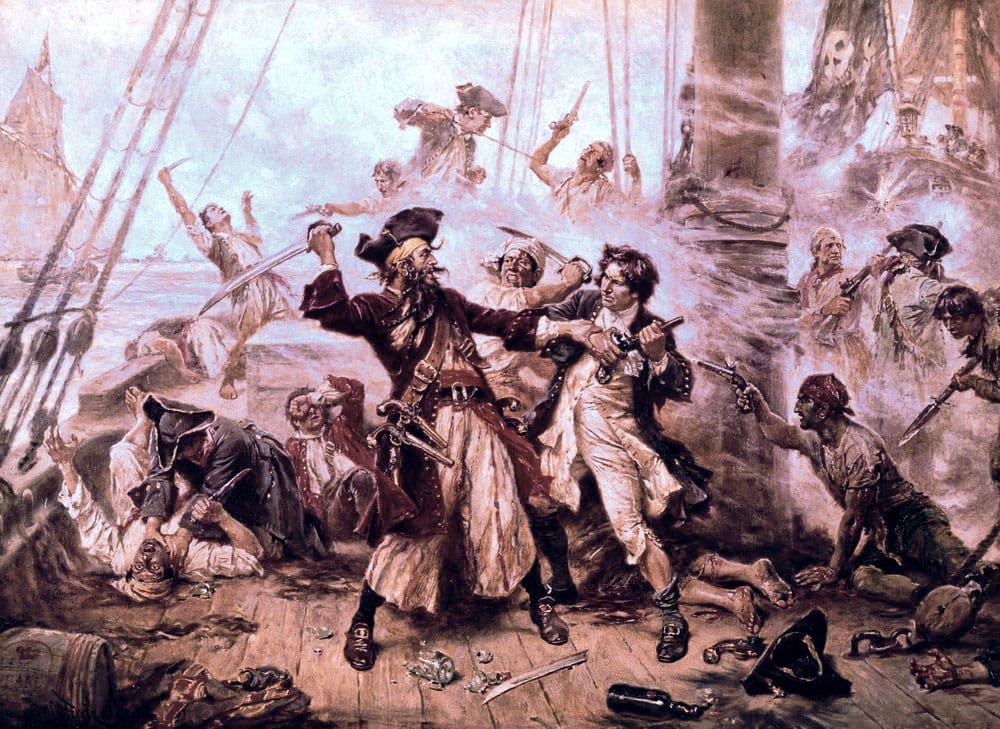 Painted scene of armed figures in combat on a ship deck with rigging and sails visible