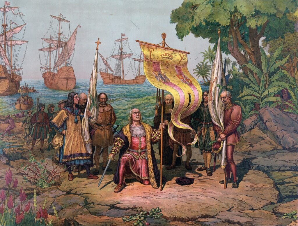 Hand-colored engraving showing sailors planting flags on a tropical shoreline with sailing ships offshore