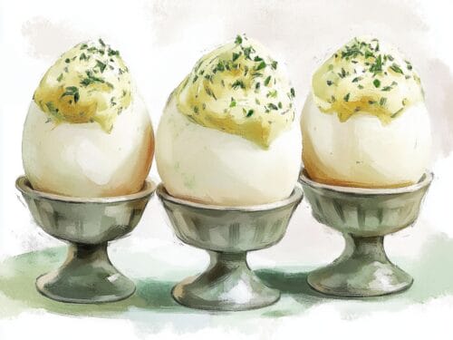 Three boiled eggs in metal cups topped with yellow sauce and green herbs