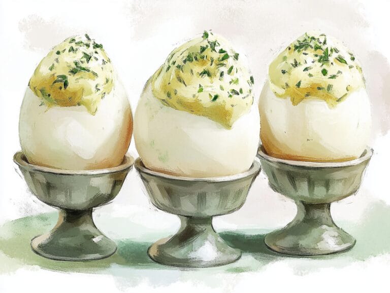 Three boiled eggs in metal cups topped with yellow sauce and green herbs