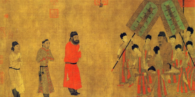 Scroll painting with gold background depicting figures in ornate robes and a red-clad man among a gathered group under a green canopy