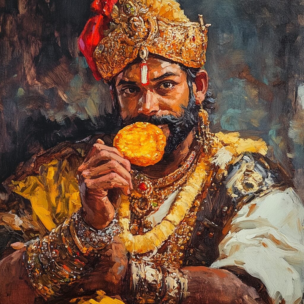 Oil painting of a bearded figure in ornate golden headdress and jeweled garments holding a round golden-brown fried food item