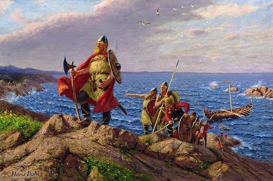 Painted scene of figures in red cloaks and armor standing on rocky coastal shore
