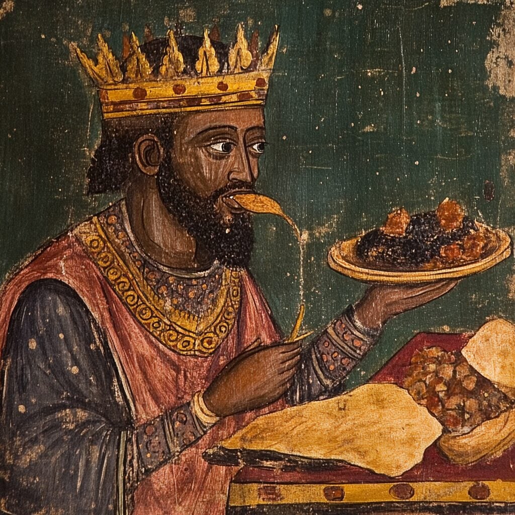 Painted figure wearing gold crown holds plate of stewed meat beside flatbread