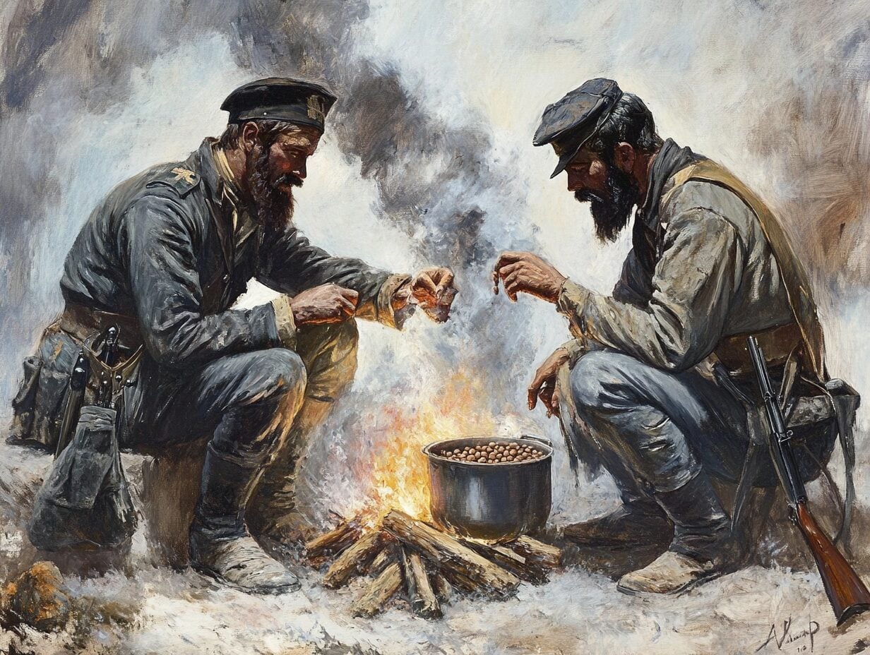 Oil painting of two uniformed soldiers sharing food from a pot over a campfire