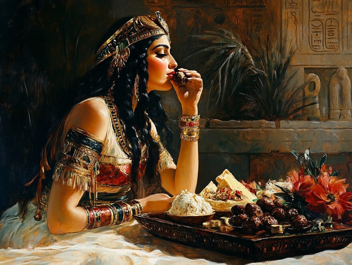 Painting of a woman in gold jewelry and ornate dress eating from a platter of food and flowers