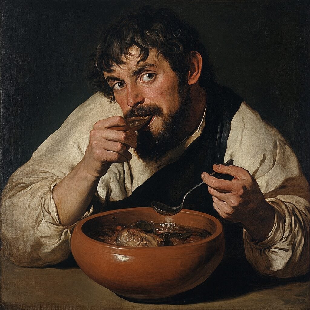 Oil painting of a bearded man eating from a brown ceramic bowl with a spoon
