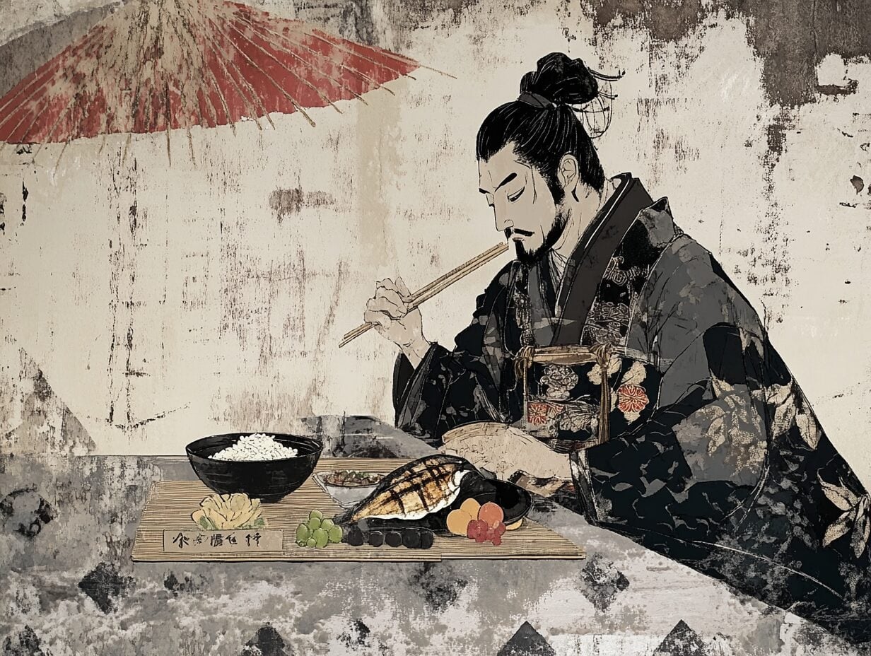 Drawing of man in dark robes eating with chopsticks, surrounded by rice bowl, grilled fish, and vegetables