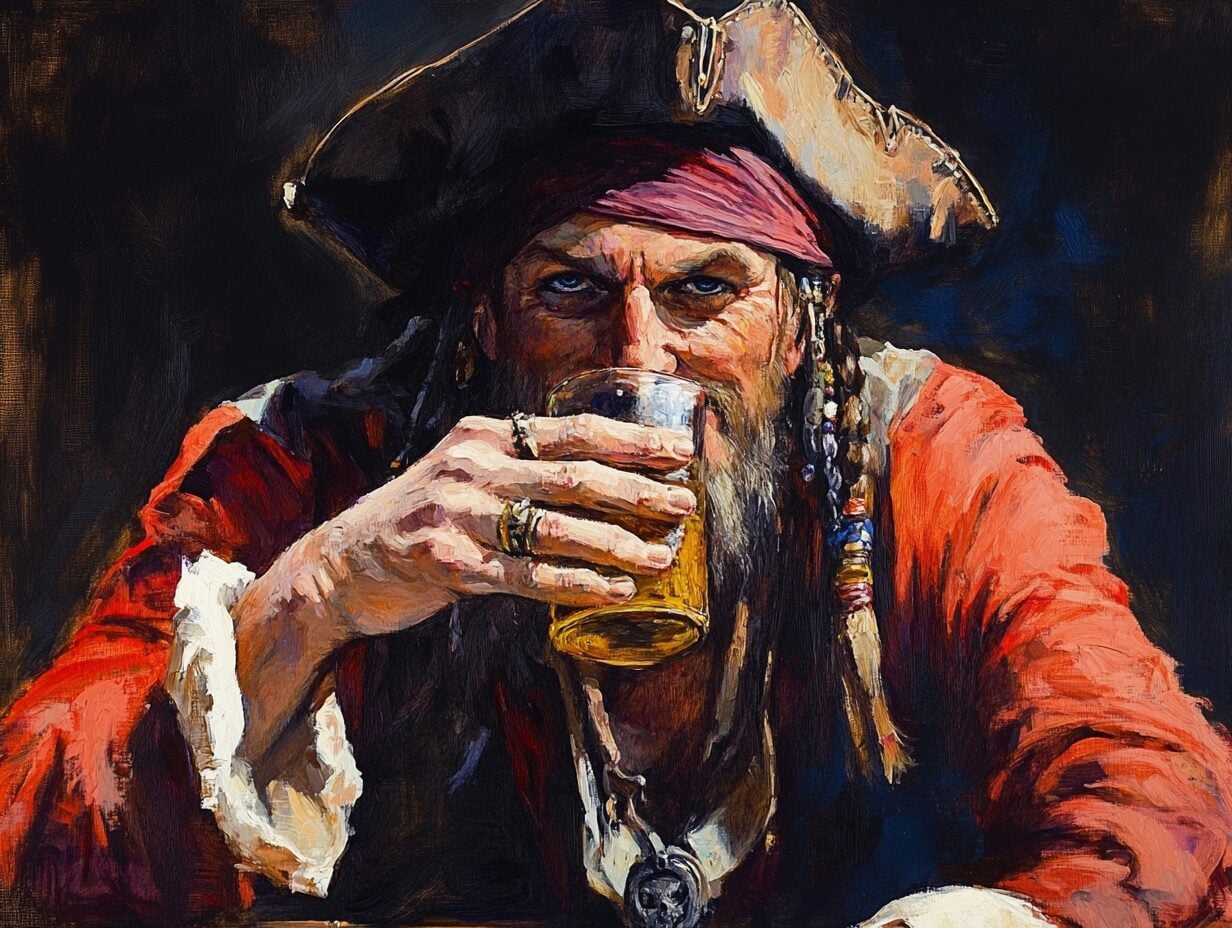 Painted portrait of bearded man in red coat and tricorn hat drinking from a glass