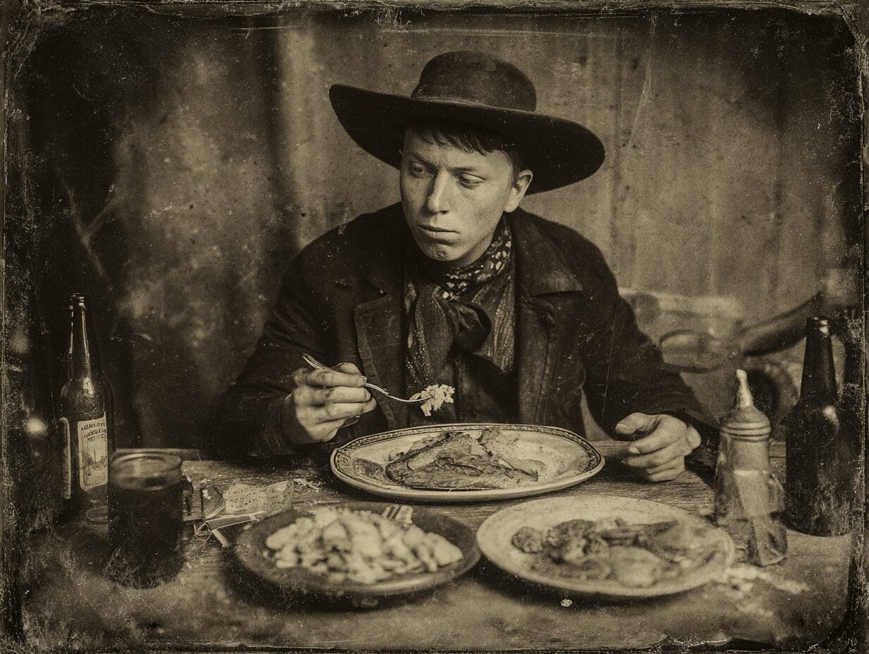 Man in cowboy hat eating fish at table with multiple plates and bottles