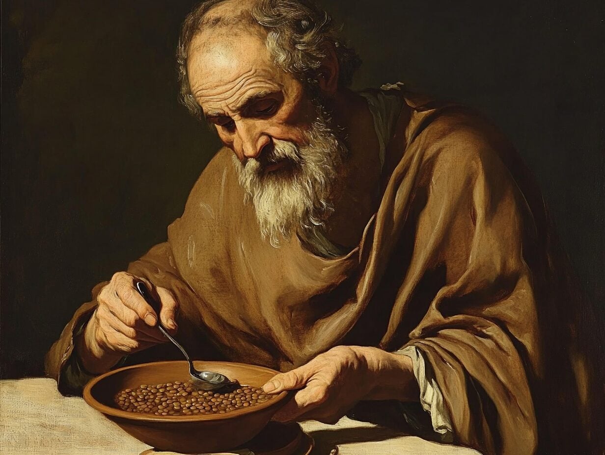 Oil painting of bearded man in tan robes eating lentils from a bowl with a spoon