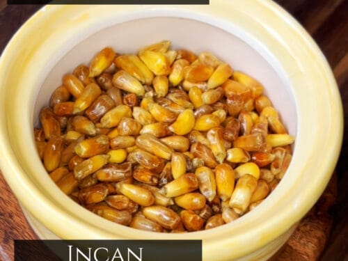Roasted corn kernels in yellow and brown tones in a white ceramic dish