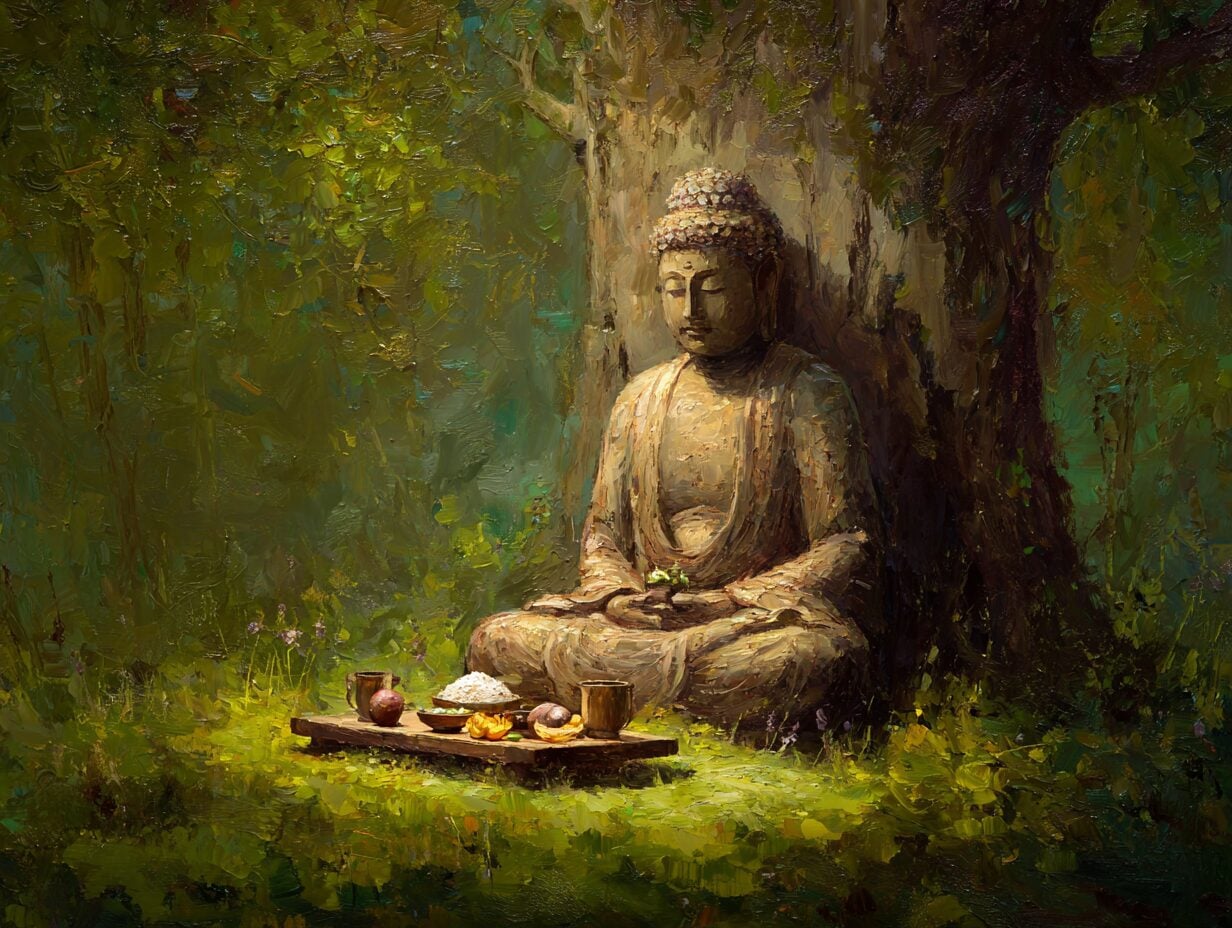 Painted statue in meditation pose with rice, fruit, and vessels on low table