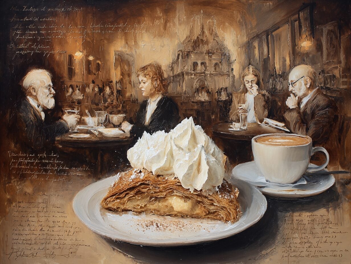 Manuscript drawing of layered pastry with whipped cream on plate beside coffee cup and café scene